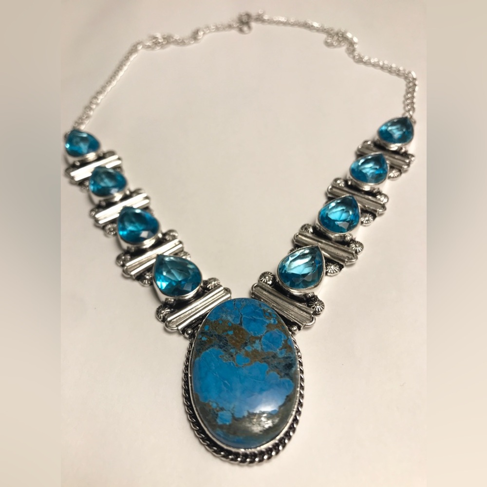 Turquoise Blue Topaz Stamped Solid 925 Sterling Solid Necklace